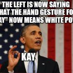 White Power Obama | THE LEFT IS NOW SAYING THAT THE HAND GESTURE FOR "OKAY" NOW MEANS WHITE POWER; KAY | image tagged in white power obama | made w/ Imgflip meme maker