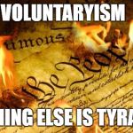 Constitution In Flames | VOLUNTARYISM; ANYTHING ELSE IS TYRANNY | image tagged in constitution in flames | made w/ Imgflip meme maker
