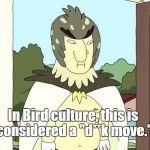Everybody Loves Bird Person | In Bird culture, this is considered a "d**k move." | image tagged in bird person,gotta love him,get schwifty,phoenix person,he will rise again | made w/ Imgflip meme maker
