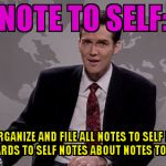 Norm MacDonald Weekend Update | NOTE TO SELF:; ORGANIZE AND FILE ALL NOTES TO SELF IN REGARDS TO SELF NOTES ABOUT NOTES TO SELF | image tagged in norm macdonald weekend update | made w/ Imgflip meme maker