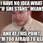 I'm too afraid to ask | I HAVE NO IDEA WHAT "IF SHE STANS" MEANS; AND AT THIS POINT I'M TOO AFRAID TO ASK | image tagged in i'm too afraid to ask | made w/ Imgflip meme maker