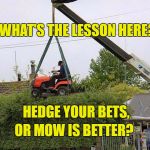 mowing a hedge | WHAT'S THE LESSON HERE? HEDGE YOUR BETS, OR MOW IS BETTER? | image tagged in mowing a hedge | made w/ Imgflip meme maker