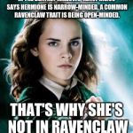 Hermione Wand | IN THE DEATHLY HALLOWS, XENOPHILIUS SAYS HERMIONE IS NARROW-MINDED. A COMMON RAVENCLAW TRAIT IS BEING OPEN-MINDED. THAT'S WHY SHE'S NOT IN RAVENCLAW | image tagged in hermione wand | made w/ Imgflip meme maker