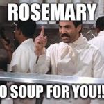 soup nazi | ROSEMARY; NO SOUP FOR YOU!!!! | image tagged in soup nazi | made w/ Imgflip meme maker