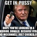 Donald Trump Get in pussy | HOPE YOU'RE LOOKING IN A MIRROR, DONALD, BECAUSE RYAN AND MCCONNELL JUST CUCKED YOU | image tagged in donald trump get in pussy | made w/ Imgflip meme maker