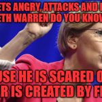 Elizabeth Warren | TRUMP GETS ANGRY, ATTACKS AND DEGRADES ELIZABETH WARREN DO YOU KNOW WHY? BECAUSE HE IS SCARED OF HER     ANGER IS CREATED BY FEAR | image tagged in elizabeth warren | made w/ Imgflip meme maker