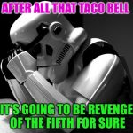 Revenge of the Fifth | AFTER ALL THAT TACO BELL; IT'S GOING TO BE REVENGE OF THE FIFTH FOR SURE | image tagged in sad stormtrooper,revenge of the fifth,taco bell,sorry hokeewolf,this will take a while | made w/ Imgflip meme maker