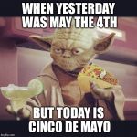 Taco Yoda | WHEN YESTERDAY WAS MAY THE 4TH; BUT TODAY IS CINCO DE MAYO | image tagged in taco yoda | made w/ Imgflip meme maker