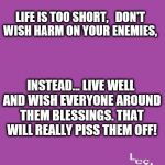 Life is short | LIFE IS TOO SHORT,   DON'T WISH HARM ON YOUR ENEMIES, INSTEAD... LIVE WELL AND WISH EVERYONE AROUND THEM BLESSINGS. THAT WILL REALLY PISS THEM OFF! | image tagged in laughing at bullies | made w/ Imgflip meme maker