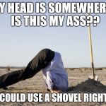 Ignorance | MY HEAD IS SOMEWHERE..  IS THIS MY ASS?? SURE COULD USE A SHOVEL RIGHT NOW | image tagged in ignorance | made w/ Imgflip meme maker