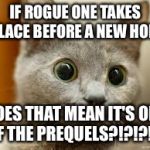 curious cat | IF ROGUE ONE TAKES PLACE BEFORE A NEW HOPE; DOES THAT MEAN IT'S ONE OF THE PREQUELS?!?!?!?! | image tagged in curious cat | made w/ Imgflip meme maker