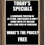 Blank plaque | TODAY'S SPECIALS; A GENEROUS PORTION OF ATTITUDE, SMOTHERED IN DIRTY LOOKS WITH EYE ROLLING AND A SIDE DISH OF SARCASM. WHAT'S THE PRICE? FREE | image tagged in blank plaque | made w/ Imgflip meme maker