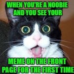Inspired by Socrates, Thanks for reminding me Buddy!!! | WHEN YOU'RE A NOOBIE AND YOU SEE YOUR; MEME ON THE FRONT PAGE FOR THE FIRST TIME | image tagged in surprised cat,memes,front page,noobie,funny,cats | made w/ Imgflip meme maker