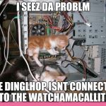 Kittens fixing a computer | I SEEZ DA PROBLM; THE DINGLHOP ISNT CONNECTED TO THE WATCHAMACALLIT | image tagged in kittens fixing a computer | made w/ Imgflip meme maker