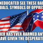Confederate/American Flag | THE UNEDUCATED SEE THESE BANNERS AS EQUALS, SYMBOLS OF OPPRESSION. NEITHER HAS EVER HARMED ANYONE.  BOTH HAVE GIVEN THE DESPERATE, HOPE. | image tagged in confederate/american flag | made w/ Imgflip meme maker