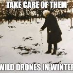 Take care of wild drones in winter! | TAKE CARE OF THEM; WILD DRONES IN WINTER | image tagged in babushka and wild drones | made w/ Imgflip meme maker