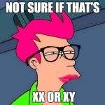A certain type of uncertainty | NOT SURE IF THAT'S; XX OR XY | image tagged in feminist fry,chromosomes,gender confusion,did you just assume my gender,anti-feminism,confused face | made w/ Imgflip meme maker
