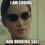 trinity matrix | I AM CODING... AND DODGING SQL! | image tagged in trinity matrix | made w/ Imgflip meme maker