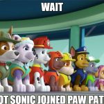 All 8 PAW Patrol Pups At The Lookout | WAIT; WOT SONIC JOJNED PAW PATROL | image tagged in all 8 paw patrol pups at the lookout,scumbag | made w/ Imgflip meme maker