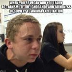 VeganStruggleGuy | WHEN YOU'RE VEGAN AND YOU LEARN TO TRANSMUTE THE IGNORANCE AND BLINDNESS OF SOCIETY TO ANIMAL EXPLOITATION | image tagged in veganstruggleguy | made w/ Imgflip meme maker