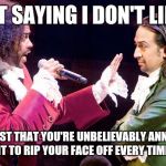 Hamilton | I'M NOT SAYING I DON'T LIKE YOU; IT'S JUST THAT YOU'RE UNBELIEVABLY ANNOYING AND I WANT TO RIP YOUR FACE OFF EVERY TIME I SEE YOU. | image tagged in hamilton | made w/ Imgflip meme maker