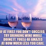 Wine | IF AT FIRST YOU DON'T SUCCEED, TRY DRINKING WINE WHILE DOING IT. YOU'LL BE AMAZED AT HOW MUCH LESS YOU CARE. | image tagged in wine,succeed,funny,funny memes | made w/ Imgflip meme maker