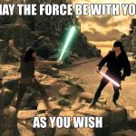 Princess Bride Lightsabers | MAY THE FORCE BE WITH YOU; AS YOU WISH | image tagged in princess bride lightsabers | made w/ Imgflip meme maker