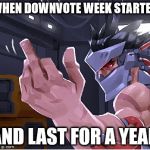 What do you think of my photoshop skills | WHEN DOWNVOTE WEEK STARTED; AND LAST FOR A YEAR | image tagged in middle finger genji,down vote | made w/ Imgflip meme maker