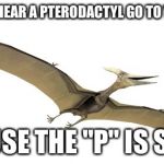 Pterodactyl jokes | WHY CAN'T YOU HEAR A PTERODACTYL GO TO THE BATHROOM? BECAUSE THE "P" IS SILENT! | image tagged in pterodactyl | made w/ Imgflip meme maker