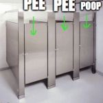 my school bathroom every day | PEE; PEE; POOP | image tagged in empty bathroom stalls | made w/ Imgflip meme maker