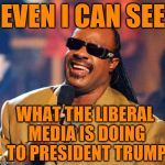 Even Michael Moore wants Trump impeached! | EVEN I CAN SEE; WHAT THE LIBERAL MEDIA IS DOING TO PRESIDENT TRUMP | image tagged in stevie wonder solar eclipse | made w/ Imgflip meme maker