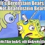 Spongebob Mock | It's Berenstain Bears, Not Bearenstein Bears; iTs bEreNsTAin beArS, nOt BeAreNstEIn bEaRs | image tagged in spongebob mock | made w/ Imgflip meme maker