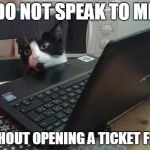Disappointed Tech Support Cat | DO NOT SPEAK TO ME; WITHOUT OPENING A TICKET FIRST | image tagged in disappointed tech support cat | made w/ Imgflip meme maker