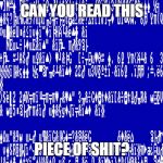 Windows 1.0 BSOD | CAN YOU READ THIS; PIECE OF SHIT? | image tagged in windows 10 bsod | made w/ Imgflip meme maker