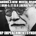 After dealing with the complaints of the White Left and their Trump Derangement Syndrome Sigmund has identified a new disorder | I AM ADDING A NEW  MENTAL DISORDER TO THE DSM-5. IT IS A LIBERAL AFFLICTION. TRUMP IMPEACHMENT SYNDROME | image tagged in sigmund freud,donald trump approves,election 2016 aftermath,psychology,liberals vs conservatives,impeach trump | made w/ Imgflip meme maker