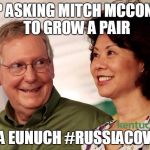 mitch mcconnell and his wife | STOP ASKING MITCH MCCONNELL TO GROW A PAIR; HE'S A EUNUCH #RUSSIACOVERUP | image tagged in mitch mcconnell and his wife | made w/ Imgflip meme maker