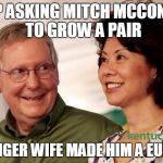 mitch mcconnell and his wife | STOP ASKING MITCH MCCONNELL TO GROW A PAIR; HIS TIGER WIFE MADE HIM A EUNUCH | image tagged in mitch mcconnell and his wife | made w/ Imgflip meme maker