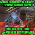 Mexican Cat | Amigo, I am happy to be alive. First the boarder patrol , than the wall , then the CHINESE RESATAURANT | image tagged in mexican cat | made w/ Imgflip meme maker
