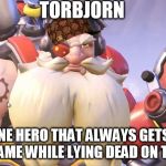 torbjorn | TORBJORN; THE ONE HERO THAT ALWAYS GETS PLAY OF THE GAME WHILE LYING DEAD ON THE FLOOR | image tagged in torbjorn,scumbag | made w/ Imgflip meme maker