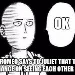 One Punch Man | OK; WHEN ROMEO SAYS TO JULIET THAT THERES NO CHANCE ON SEEING EACH OTHER AGAIN | image tagged in one punch man | made w/ Imgflip meme maker