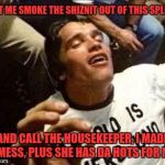 Da High Life! | LET ME SMOKE THE SHIZNIT OUT OF THIS SPLIFF; AND CALL THE HOUSEKEEPER, I MADE A MESS, PLUS SHE HAS DA HOTS FOR ME! | image tagged in arnold high,memes,funny,funny memes,arnold schwarzenegger | made w/ Imgflip meme maker