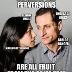 Huma Abedin Anthony Weiner | WE KNOW THE PERVERSIONS; UNDERAGE GIRLS; CLINTON EMAILS; CARLOS DANGER; MUSLIM BROTHERHOOD; ARE ALL FRUIT FROM THE SAME TREE | image tagged in huma abedin anthony weiner | made w/ Imgflip meme maker