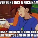 Pokemon | EVERYONE HAS A NICE NAME; UNLESS YOUR NAME IS GARY OAK AND HITLER THEN YOU CAN GO DIE IN A HOLE | image tagged in pokemon | made w/ Imgflip meme maker