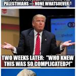 Trump Facepalm | "THERE IS NO REASON THERE'S NOT PEACE BETWEEN ISRAEL AND THE PALESTINIANS — NONE WHATSOEVER."; TWO WEEKS LATER:  "WHO KNEW THIS WAS SO COMPLICATED?!"; *SIGH | image tagged in trump facepalm,israel,palestine | made w/ Imgflip meme maker