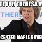 Theresa May PM UK Prime Minister Brexit Wreckzit | VOTE FOR THERESA MAY; FOR A SCENTED MAPLE GOVERMENT! | image tagged in theresa may pm uk prime minister brexit wreckzit | made w/ Imgflip meme maker