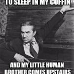 Dracula | WHEN I'M TRYING TO SLEEP IN MY COFFIN; AND MY LITTLE HUMAN BROTHER COMES UPSTAIRS MAKING A TON OF NOISE | image tagged in dracula | made w/ Imgflip meme maker