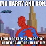 spiderman carrero | DAMN HARRY AND RON....... I TOLD THEM TO KEEP A LOW PROFILE....NOT DRIVE A DAMN CARN IN THE AIR! | image tagged in spiderman carrero | made w/ Imgflip meme maker