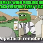pepe farms members trump win | REMEMBER WHEN MUSLIMS DIDN'T ATTACK EVERYONE EVERY 9 DAYS? | image tagged in pepe farms members trump win | made w/ Imgflip meme maker