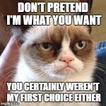 That time you wanted a puppy... and they wanted a different owner. | DON'T PRETEND I'M WHAT YOU WANT; YOU CERTAINLY WEREN'T MY FIRST CHOICE EITHER | image tagged in unhappy birthday,grumpy cat,trump birthday meme,unhappy people,sad cat,funny | made w/ Imgflip meme maker