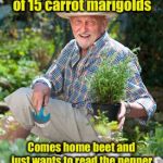 A Day in the Life of a Gardener | Earns a meager celery selling pears of 15 carrot marigolds; Comes home beet and just wants to read the pepper, take a leek, turnip the covers endive into bed. | image tagged in herb in the garden,gardening,memes | made w/ Imgflip meme maker